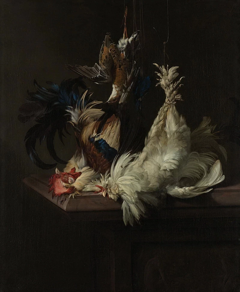 Natura morta con cacciagione, pollame, due galli, un martin pescatore e una gorgiera - Rijksmuseum